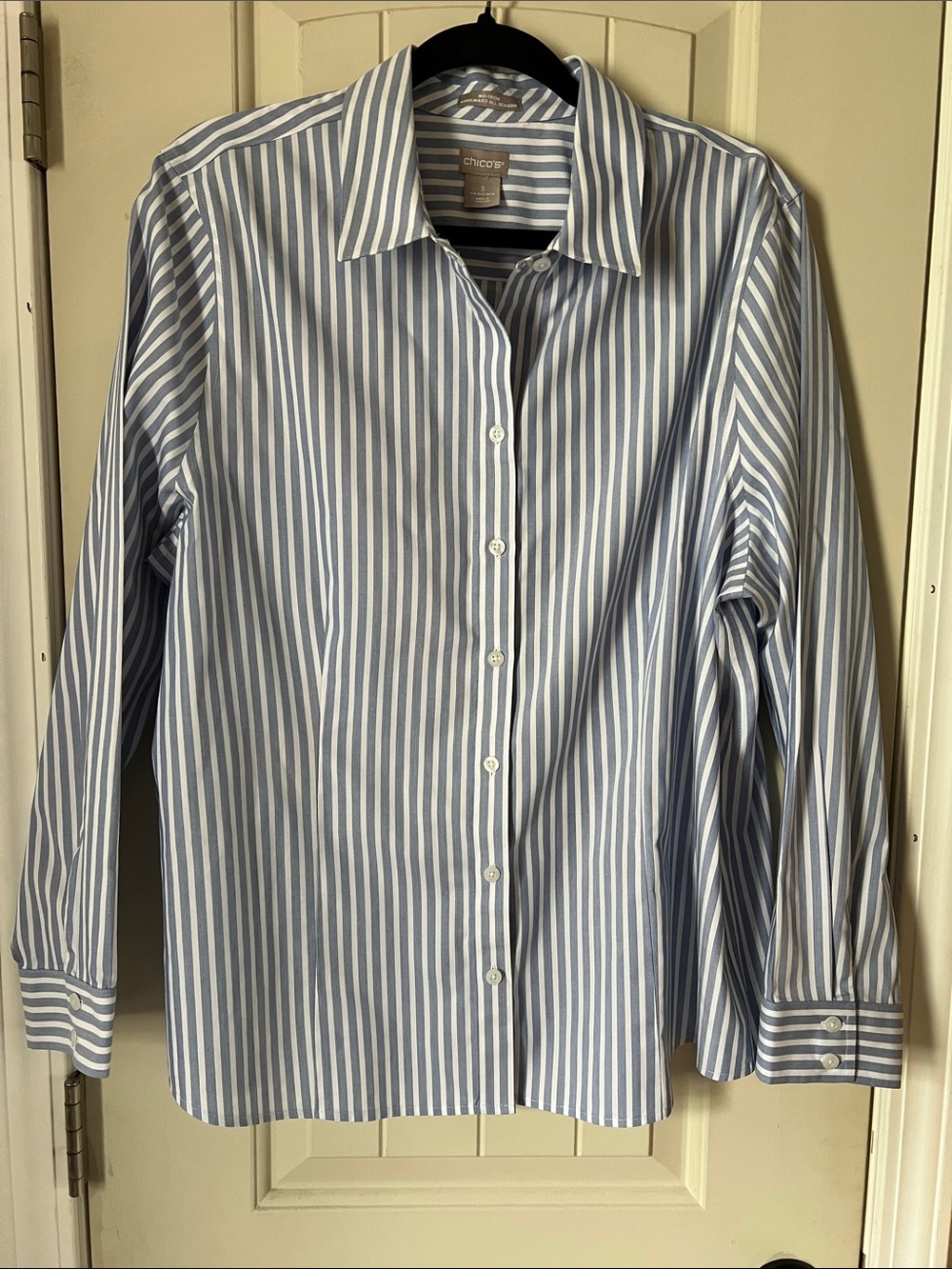 Chico's no iron Blue and White Vertical Stripe Button-Down Shirt
